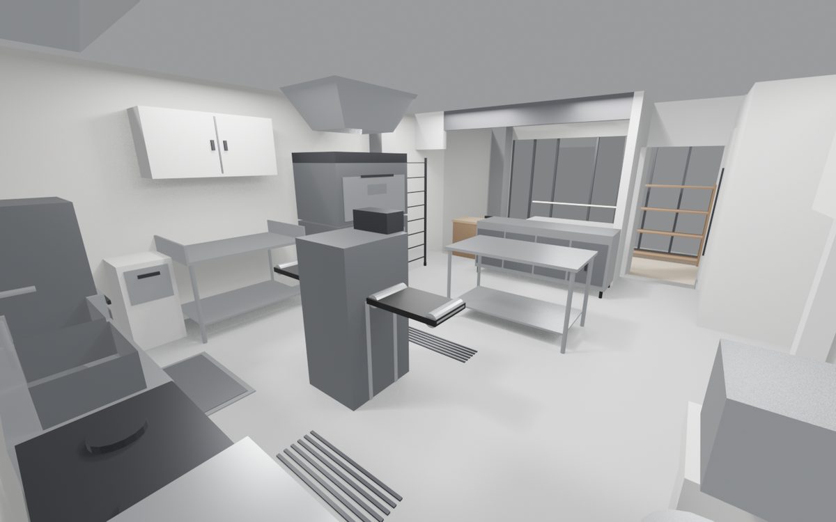 厨房の中のオーブンや作業台を3Dで再現した画像