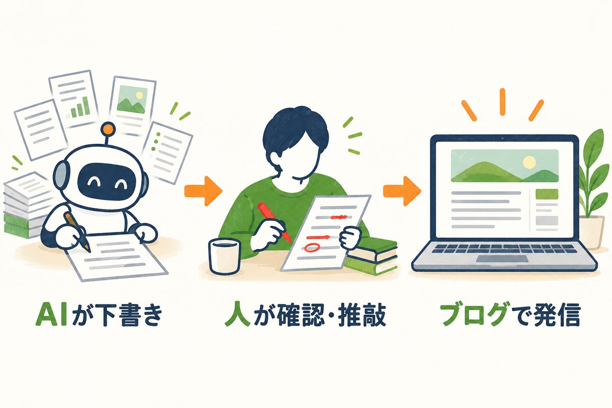AIが下書きし、人が確認・推敲して、ブログで発信する流れのイラスト