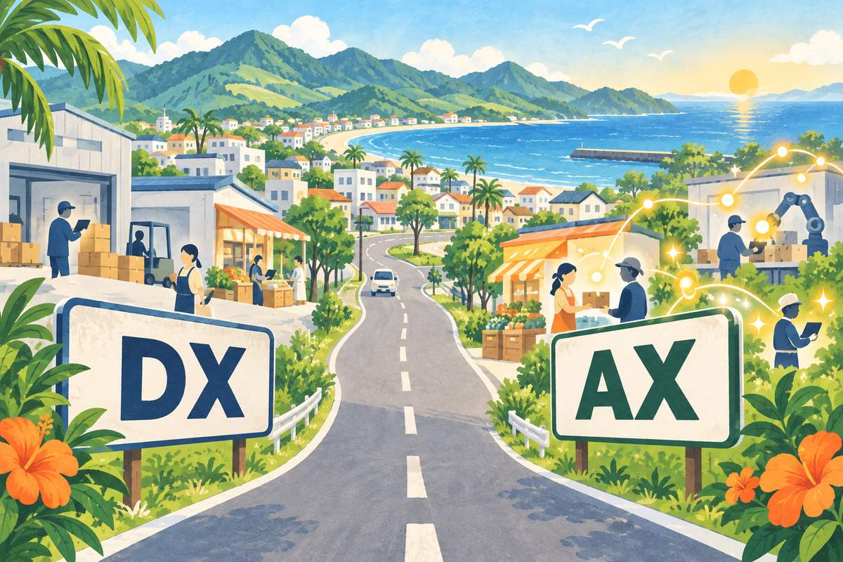 宮崎の町並みの中を、DXの看板からAXの看板へ道が続くイラスト