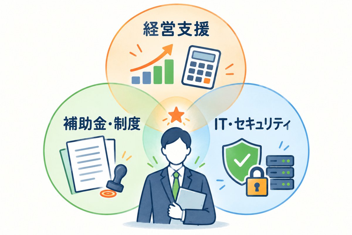 経営支援、補助金・制度、IT・セキュリティの3つの分野が重なるところに立つ支援者のイラスト